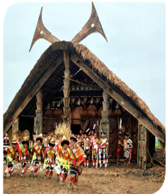 Traditional Morung (youth dormitory) of a Naga tribe, reconstructed at the Tribal Habitat, Indira Gandhi Rashtriya Manav Sangrahalaya (IGRMS), Bhopal, showcasing the ceremonial architecture and communal institution central to Naga social and ritual life