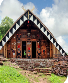 Traditional Morung (youth dormitory) of the Maram Naga tribe from Manipur, reconstructed at the Tribal Habitat, Indira Gandhi Rashtriya Manav Sangrahalaya (IGRMS), Bhopal, highlighting the ceremonial and educational role of the youth dormitory in community life.
