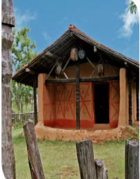 Traditional Saora house from Odisha, reconstructed at the Tribal Habitat, Indira Gandhi Rashtriya Manav Sangrahalaya (IGRMS), Bhopal, illustrating the community's distinctive earthen architecture and sacred domestic space.