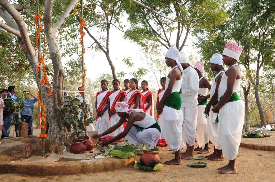 Recreated sacred groves exhibit at IGRMS with ritual boundary markers and offerings. Sacred Groves of Sarna Jharkhand and Chhattisgarh