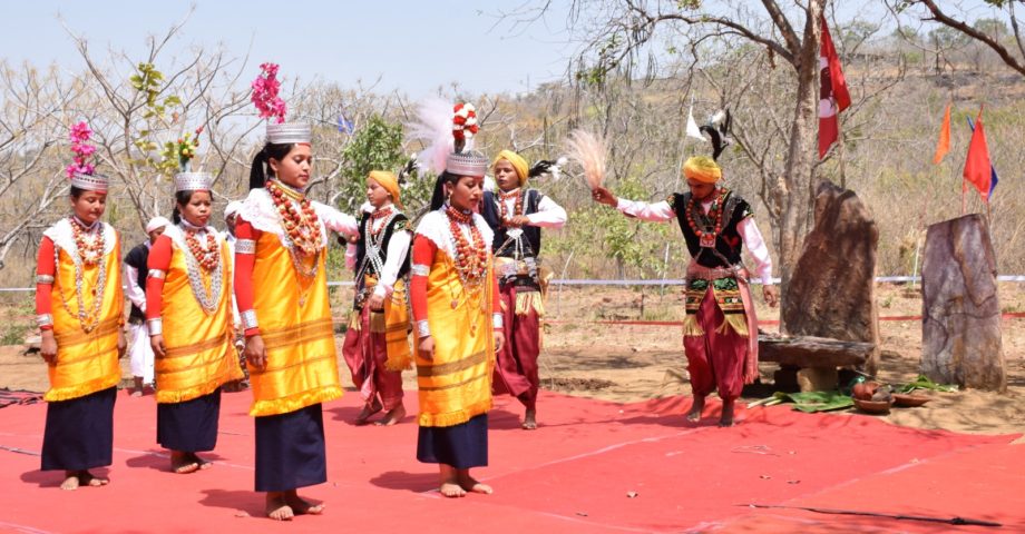 Recreated sacred grove exhibit at IGRMS with ritual boundary markers and offerings. Sacred Groves of Meghalaya-Maw Bu Khar.