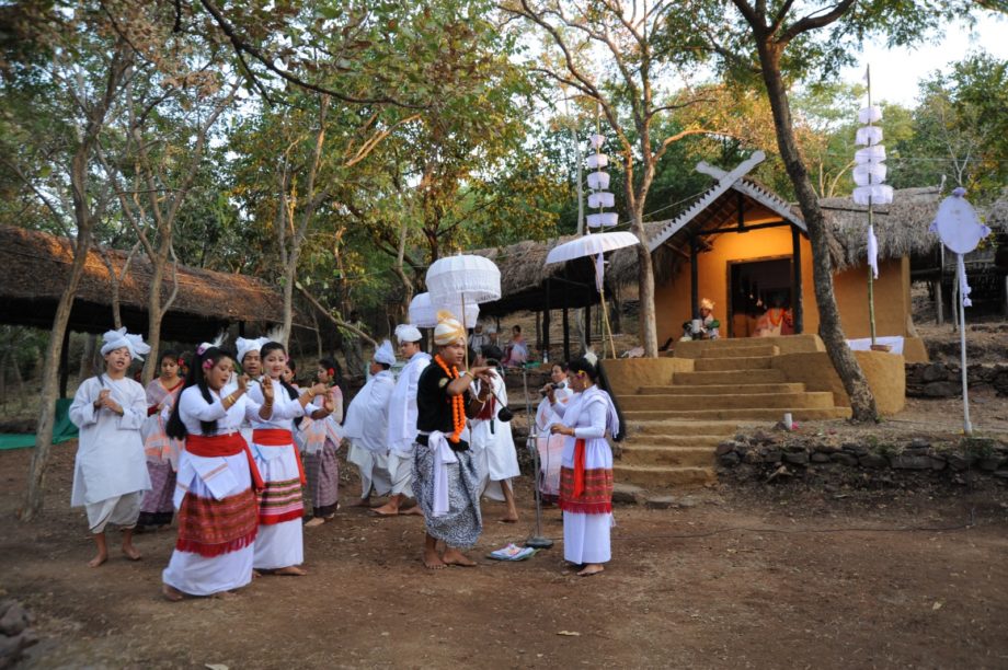 ecreated sacred grove exhibit at IGRMS with ritual boundary markers and offerings. Sacred Groves of Manipur.